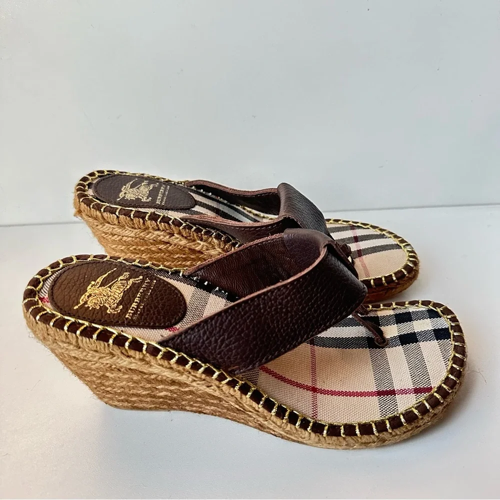 Burberry women’s Brown Leather thong Espadrille Wedge Slide sandals S:38 (7.5-8) - Picture 5 of 12